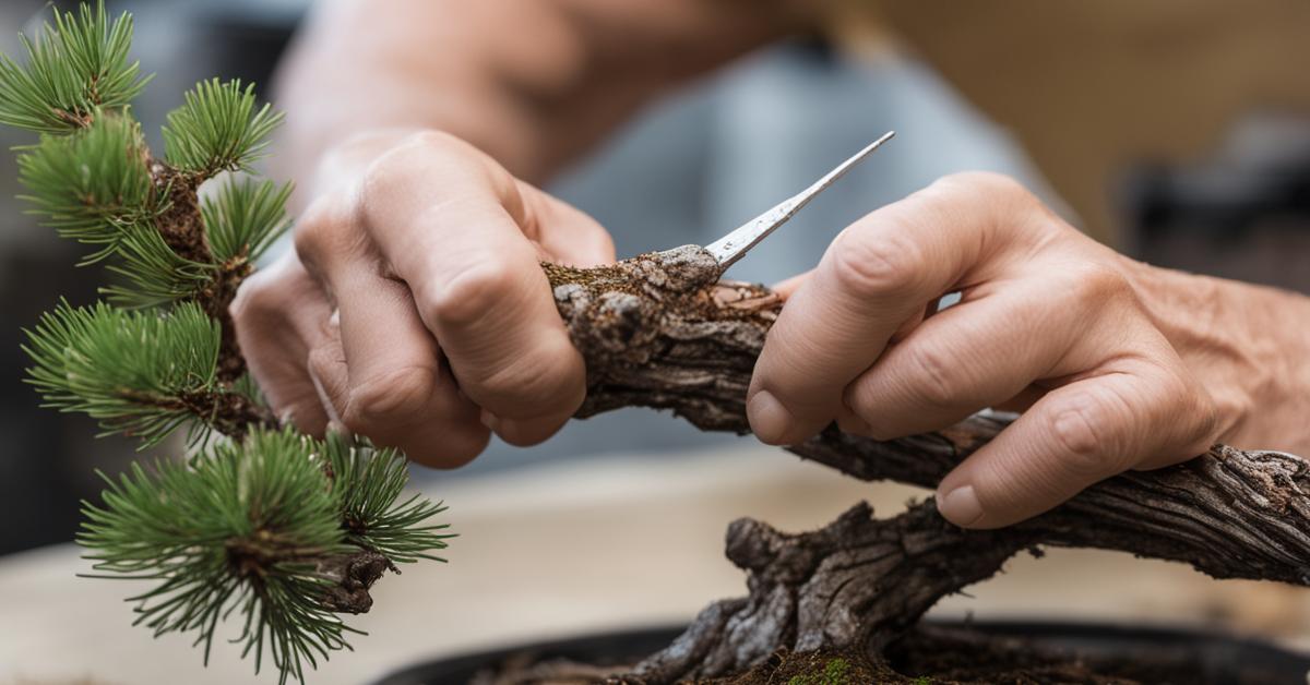 Zdjęcie z bliska, pokazujące proces drutowania gałęzi sosny bonsai drutem aluminiowym.