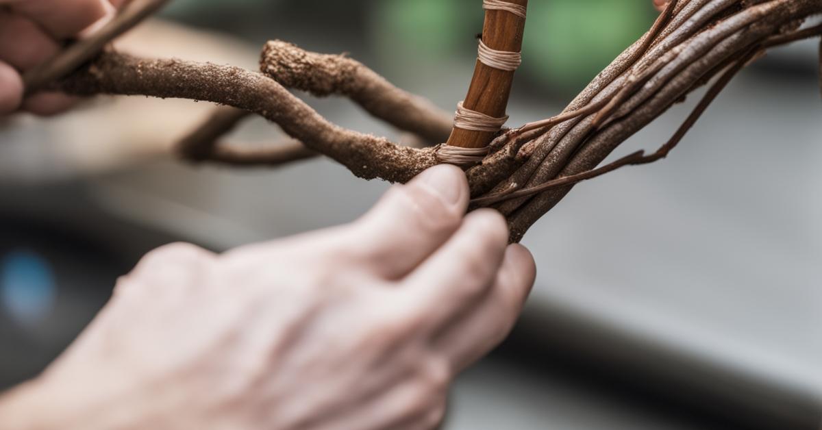 Szczegółowe zbliżenie techniki drutowania gałęzi bonsai, pokazujące precyzyjne owijanie drutu pod kątem 45 stopni.