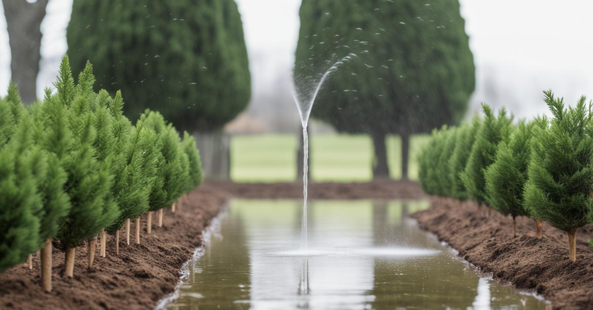 Zdjęcie przedstawiające podlewanie świeżo posadzonych tui za pomocą konewki, z wilgotną glebą wokół roślin.