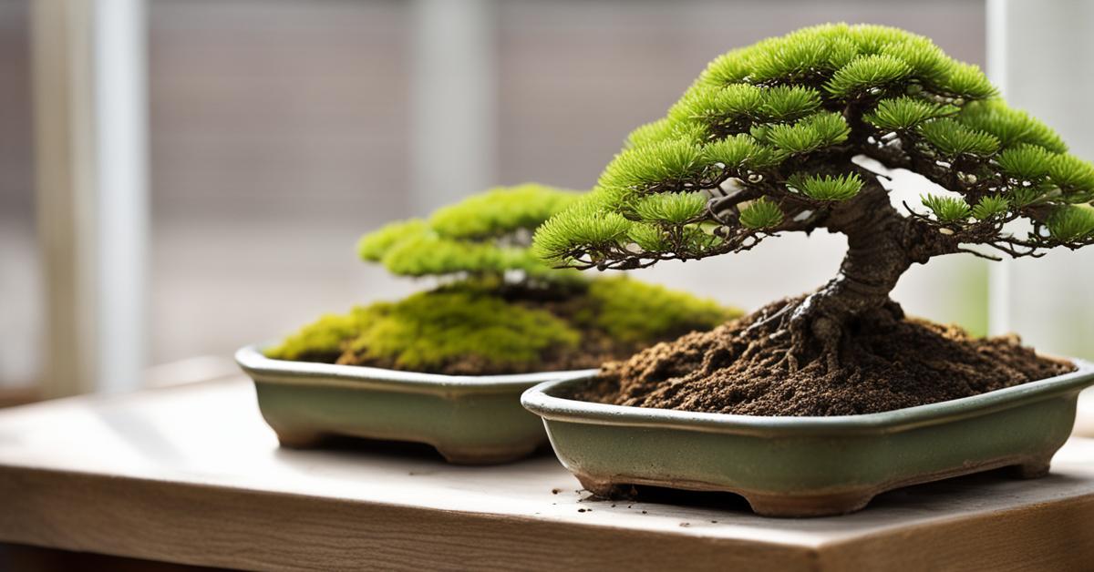 Zdjęcie przedstawia podlewanie modrzewia bonsai, widoczna doniczka i mieszanka ziemi.