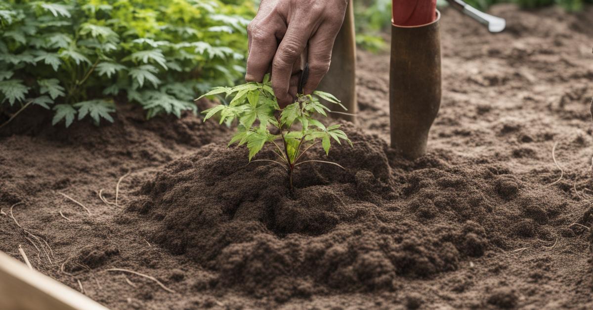 Zdjęcie ukazujące proces sadzenia klonu palmowego 'Bloodgood', dłonie umieszczające korzeń w przygotowanym dołku, z narzędziami ogrodniczymi w tle.