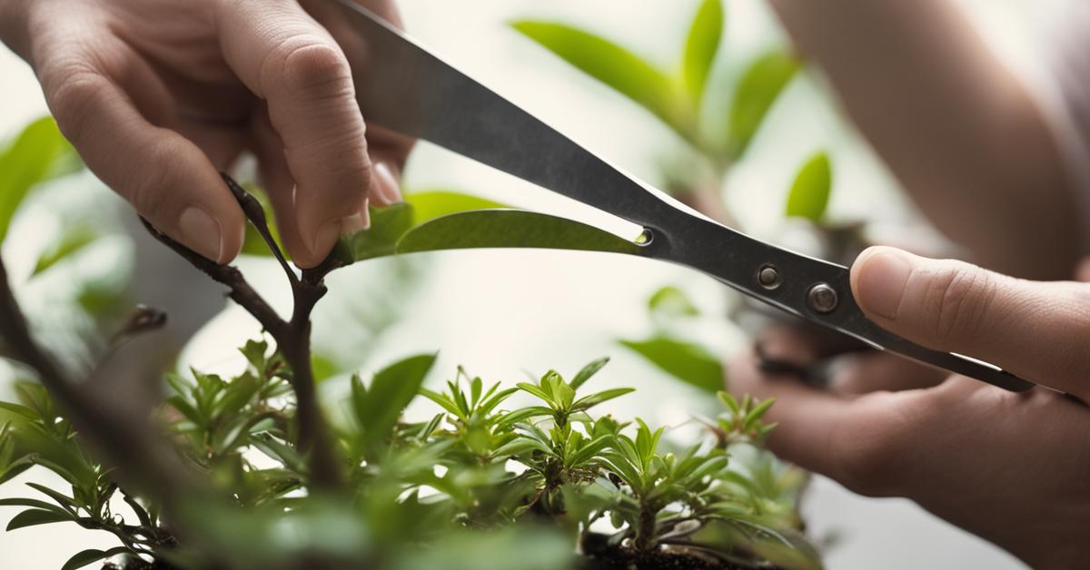 Ręce osoby przycinającej azalię japońską bonsai za pomocą specjalnych nożyczek.