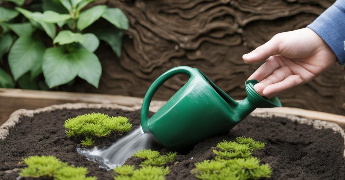 Technika podlewania drzewka bonsai na zewnątrz, z bliska pokazująca strumień wody z konewki.