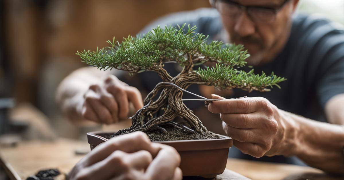 Zbliżenie na ręce ostrożnie drutujące gałąź drzewka bonsai podokarp wielkolistny.