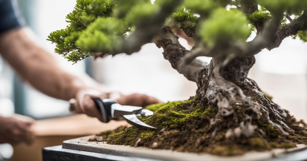 Przycinanie gałęzi buku bonsai za pomocą sekatora w celu uformowania korony.