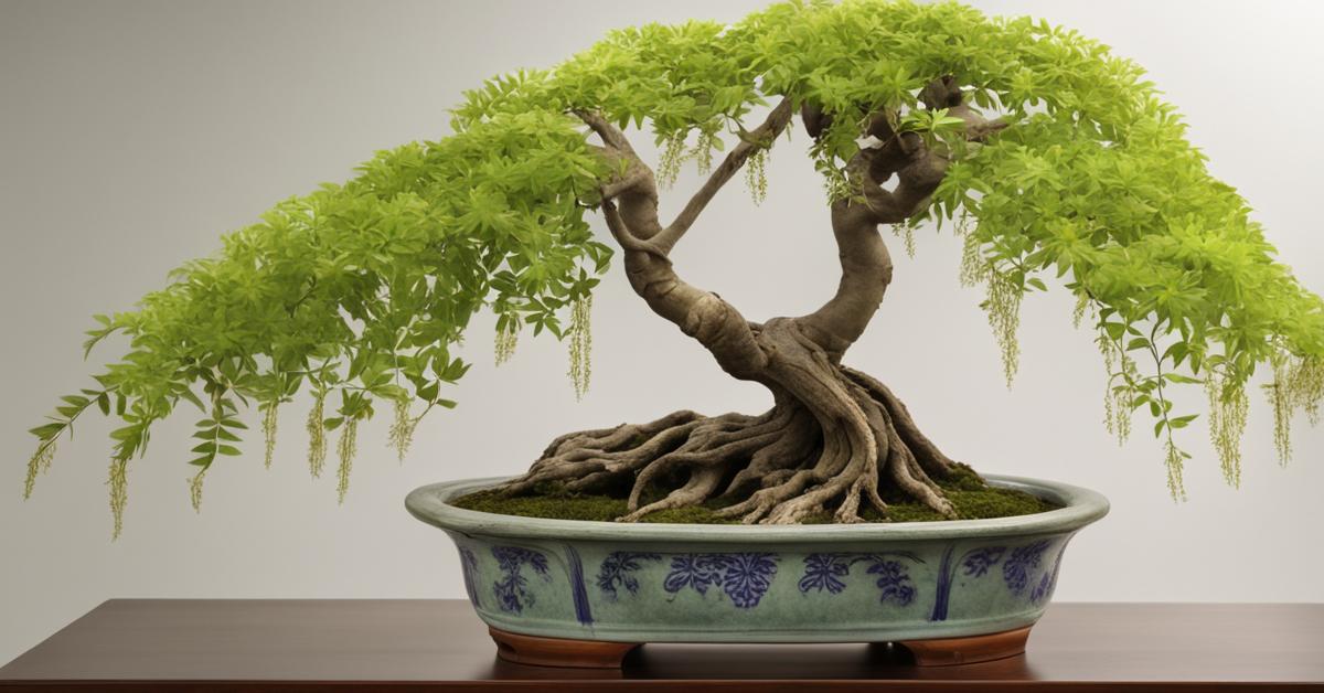 Zdjęcie wisteria bonsai ukazujące jej ogólny kształt, przycięte gałęzie i rozwijające się liście.