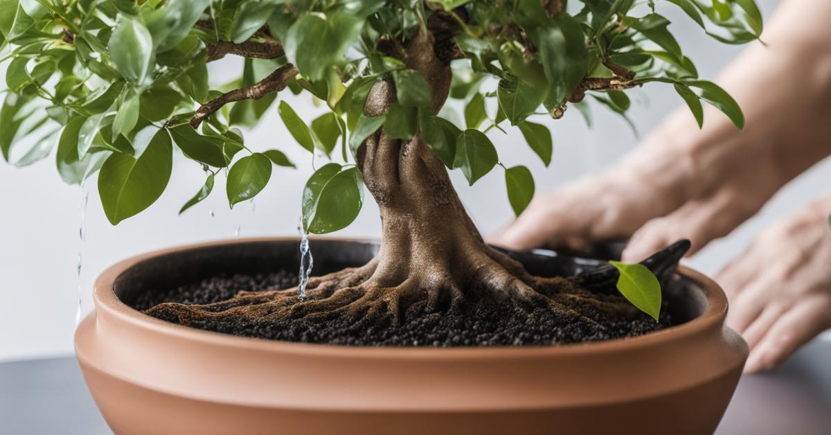 Zdjęcie przedstawiające podlewanie fikusa benjamina bonsai, z delikatnym strumieniem wody spływającym na podłoże.