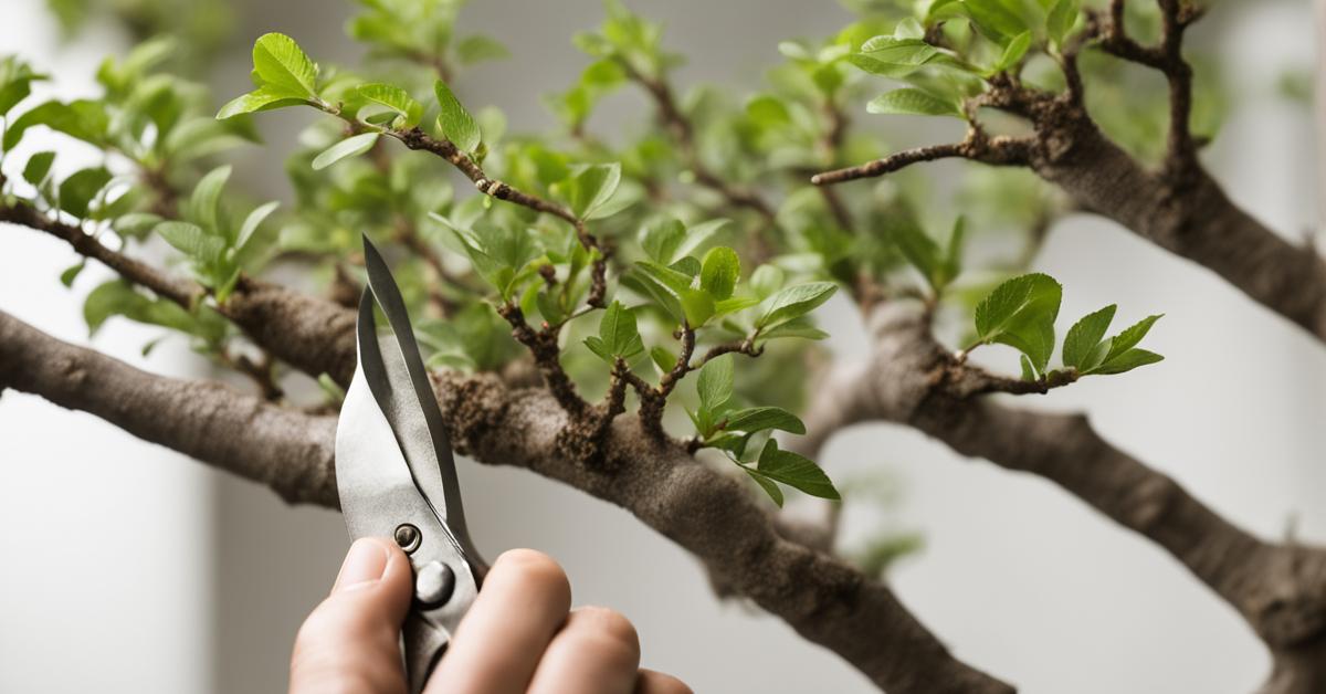 Zbliżenie na dłoń przycinającą gałąź wiązu drobnolistnego bonsai specjalistycznymi nożycami.