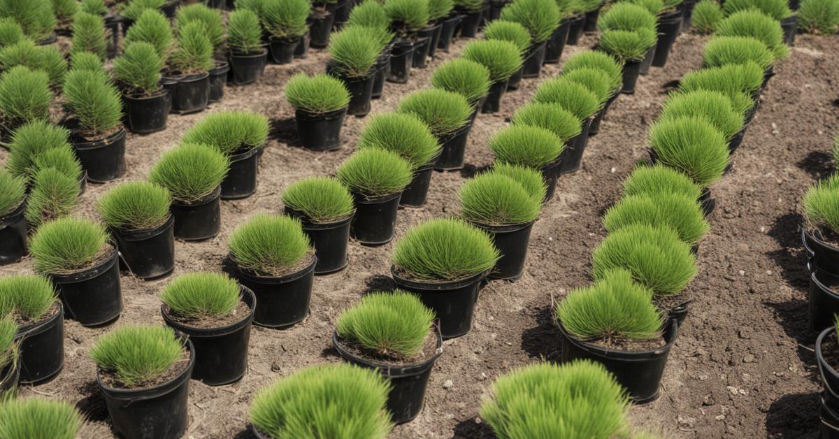 Młode sadzonki sosny drobnokwiatowej (Pinus parviflora) w szkółce, pokazujące różne etapy wzrostu i strukturę drzewek.