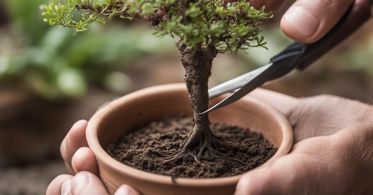 Dłonie delikatnie usuwają stare podłoże z korzeni drzewka bonsai za pomocą narzędzi.