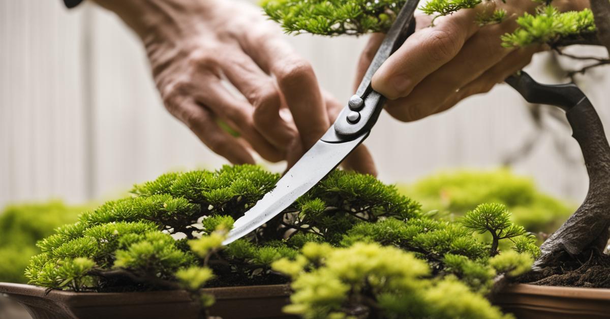 Przycinanie gałęzi azalii bonsai za pomocą nożyczek.