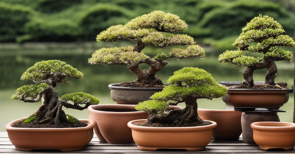 Różne rodzaje doniczek do bonsai.