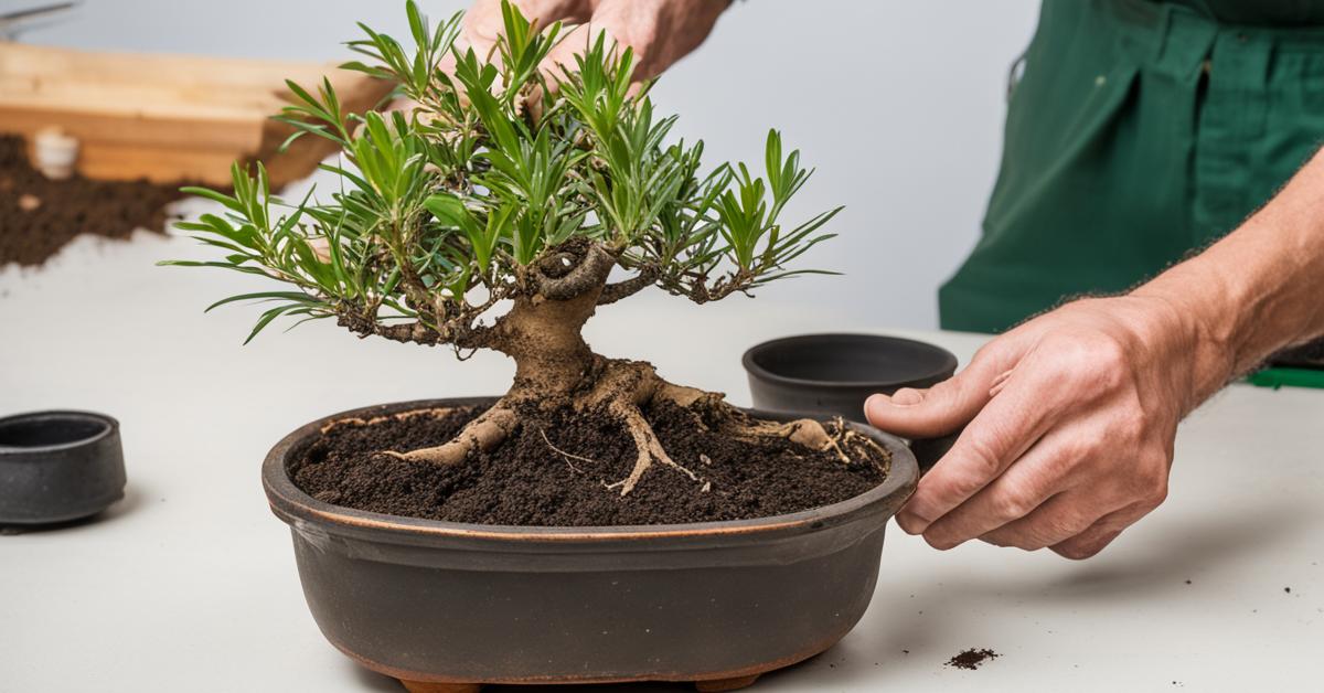 Zdjęcie przedstawiające przesadzanie podocarpus bonsai, z widocznym systemem korzeniowym i świeżą mieszanką ziemi.