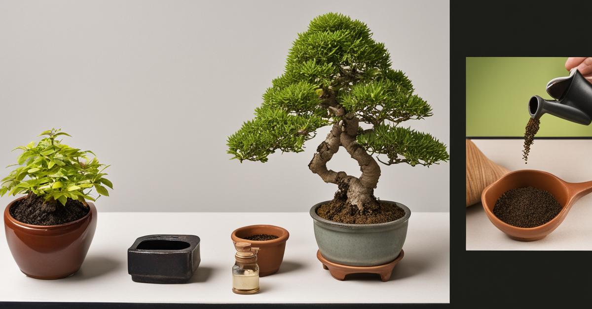 Zdjęcie z góry przedstawiające doniczkę z grabem bonsai, podłoże, nawóz do bonsai i konewkę.