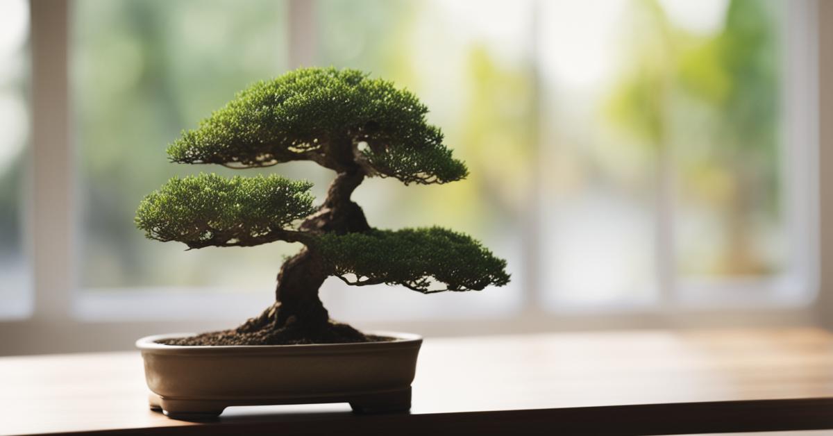 Zdjęcie drzewka bonsai stojącego na drewnianym stole w domowym wnętrzu.