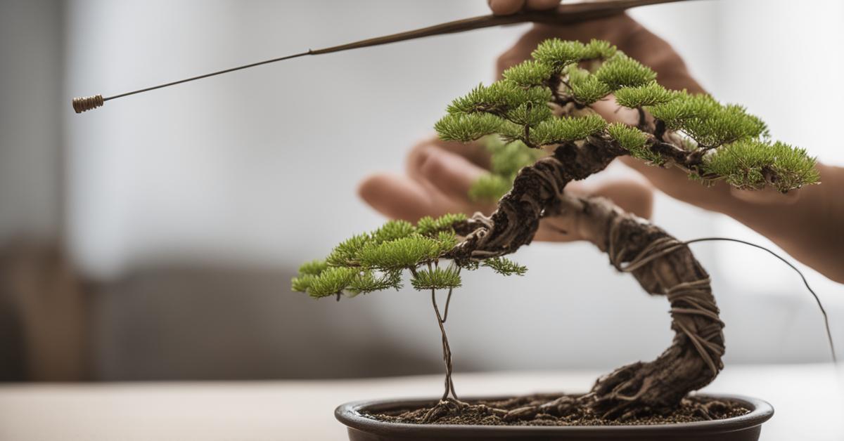 Zdjęcie zbliżenie pokazujące drutowanie gałęzi drzewka bonsai.