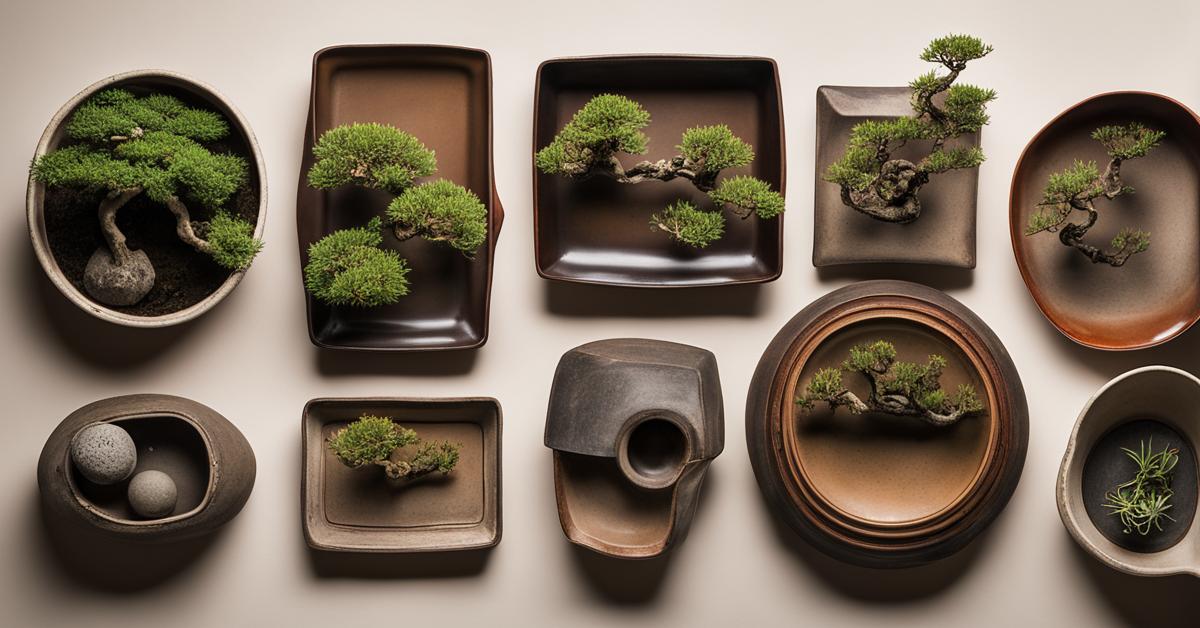 Zdjęcie z góry przedstawiające kolekcję doniczek do bonsai o różnych kształtach, w tym okrągłe, kwadratowe, prostokątne i owalne.