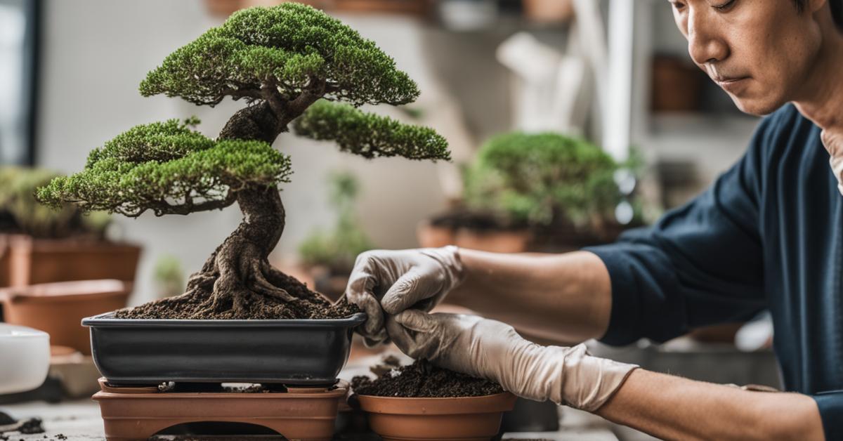 Zdjęcie przedstawiające ręce delikatnie przesadzające drzewko bonsai, z widocznym systemem korzeniowym i dodawanym świeżym podłożem.