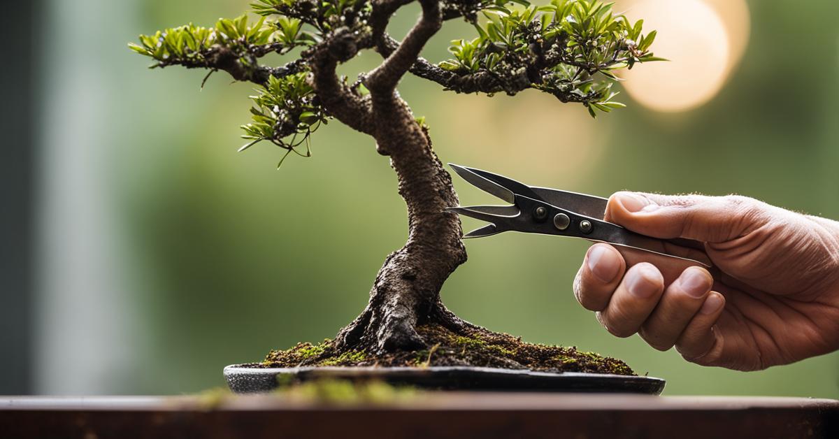 Dłoń przycinająca gałązkę carmony bonsai za pomocą specjalistycznych nożyczek.