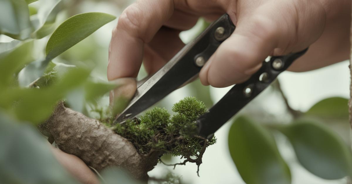 Przycinanie fikusa bonsai, zbliżenie na ręce przycinające gałązkę