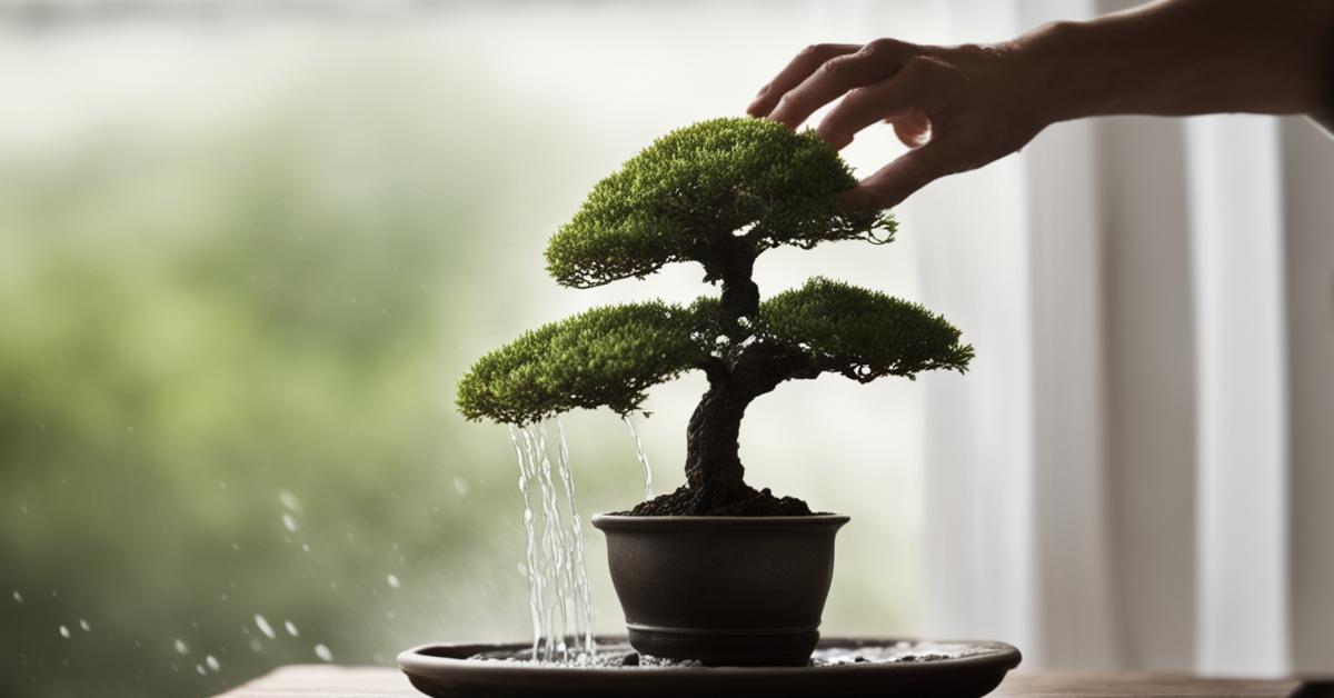 Ręce delikatnie podlewają drzewko bonsai konewką.