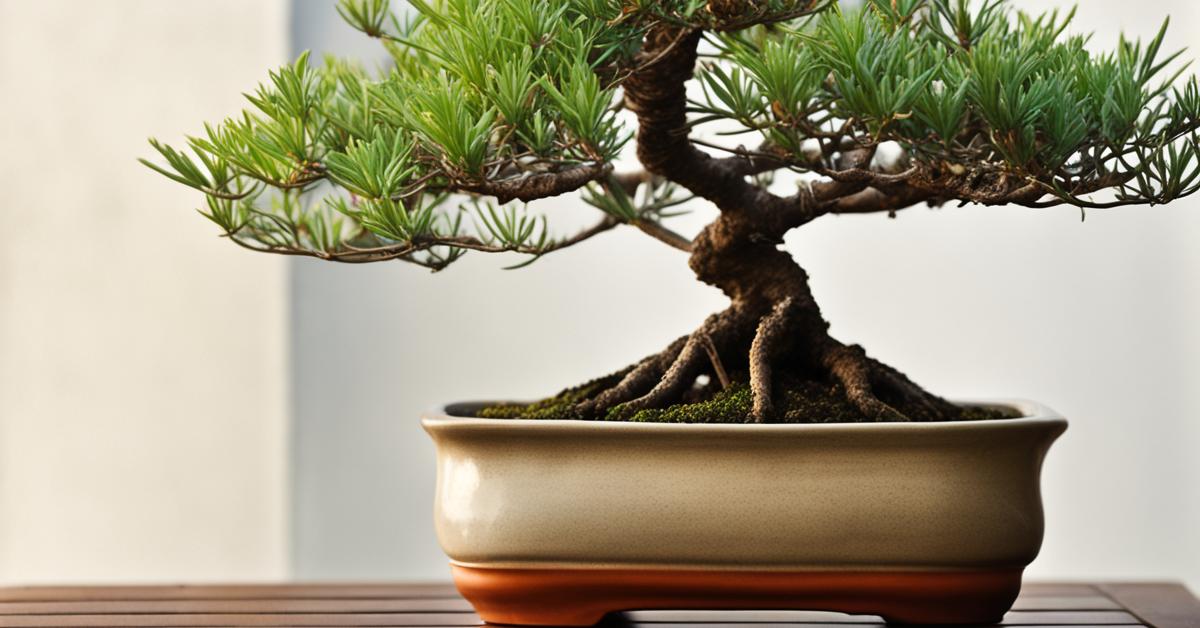 Eleganckie drzewko bonsai podocarpus w prostokątnej doniczce ceramicznej na tle ogrodu.