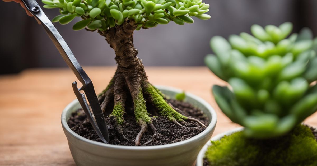 Zdjęcie zbliżeniowe przedstawiające przycinanie gałązki drzewka bonsai z grubosza jajowatego za pomocą ostrych nożyc.