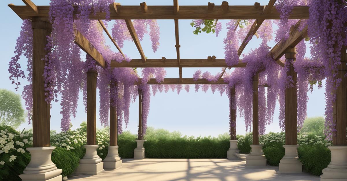 Pergola ozdobiona kwitnącymi pnączami, takimi jak wisteria lub powojnik, z kaskadami kwiatów.