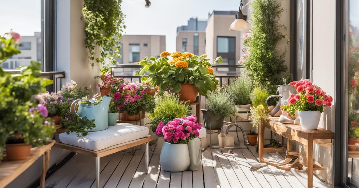 Słoneczny balkon z różnorodnymi roślinami doniczkowymi i kwiatami.