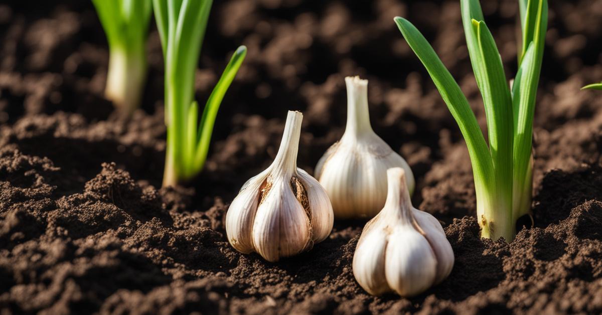 Młode rośliny czosnku rosnące w ogrodzie, widoczne zielone pędy i gleba.