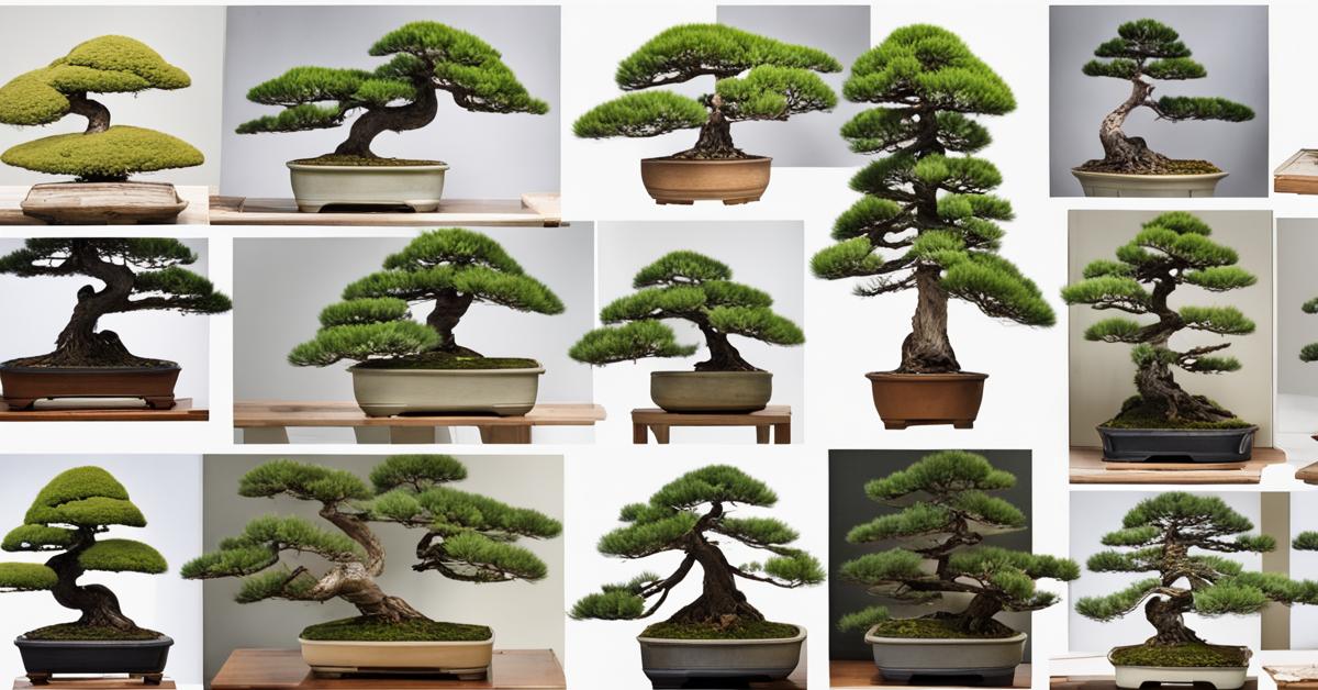 Różne style formowania sosny bonsai, ukazujące różne kształty i techniki przycinania.