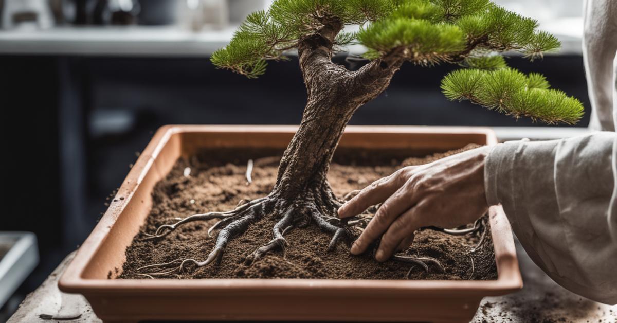 Zdjęcie z bliska przedstawiające przesadzanie sosny bonsai, z widocznymi korzeniami, nową glebą i doniczką z otworem drenażowym.