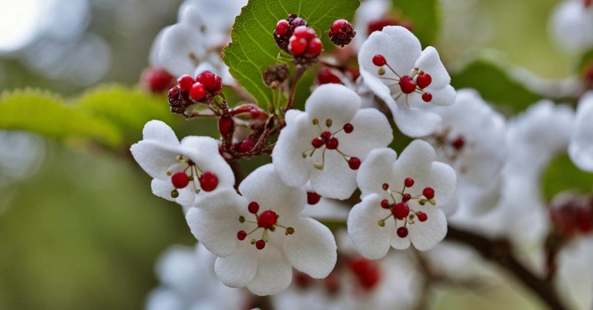 Zdjęcie całego krzewu kaliny koralowej w naturalnym ogrodowym otoczeniu z widocznymi czerwonymi owocami.