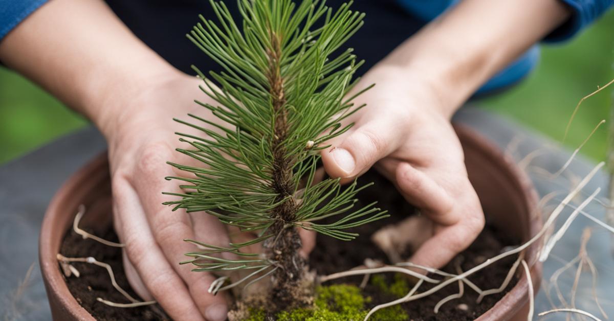 Sosna delikatnie wyjmowana z doniczki, z widoczną, nienaruszoną bryłą korzeniową.