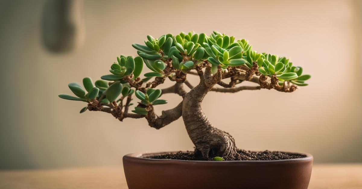 Crassula bonsai z widocznymi oznakami problemów pielęgnacyjnych, takimi jak zwiędłe liście.