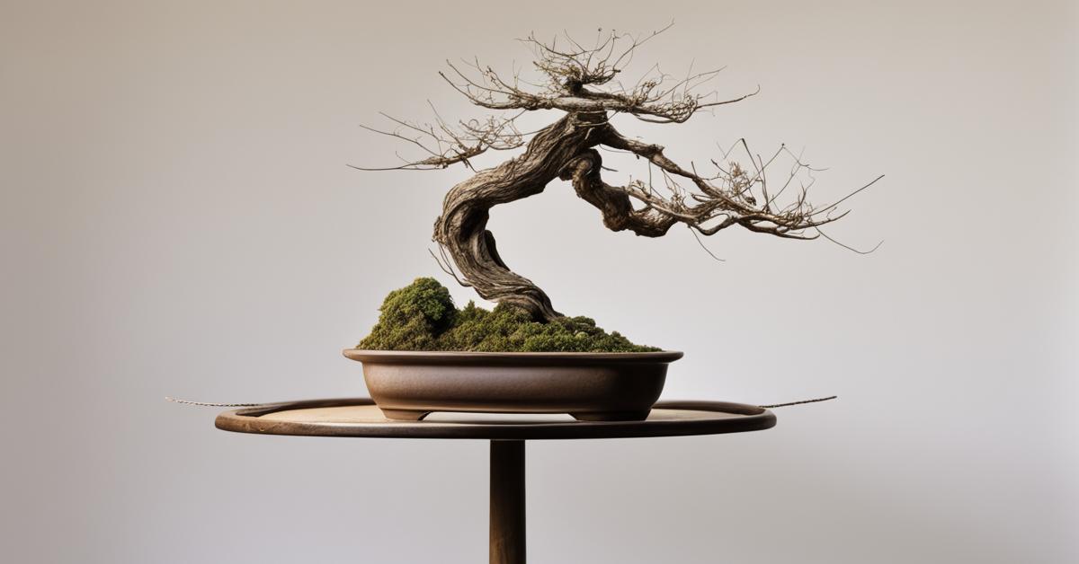 Zdjęcie drzewka bonsai po drutowaniu, ukazujące uformowane gałęzie i drut w miejscu, prezentujące efekt tej techniki.