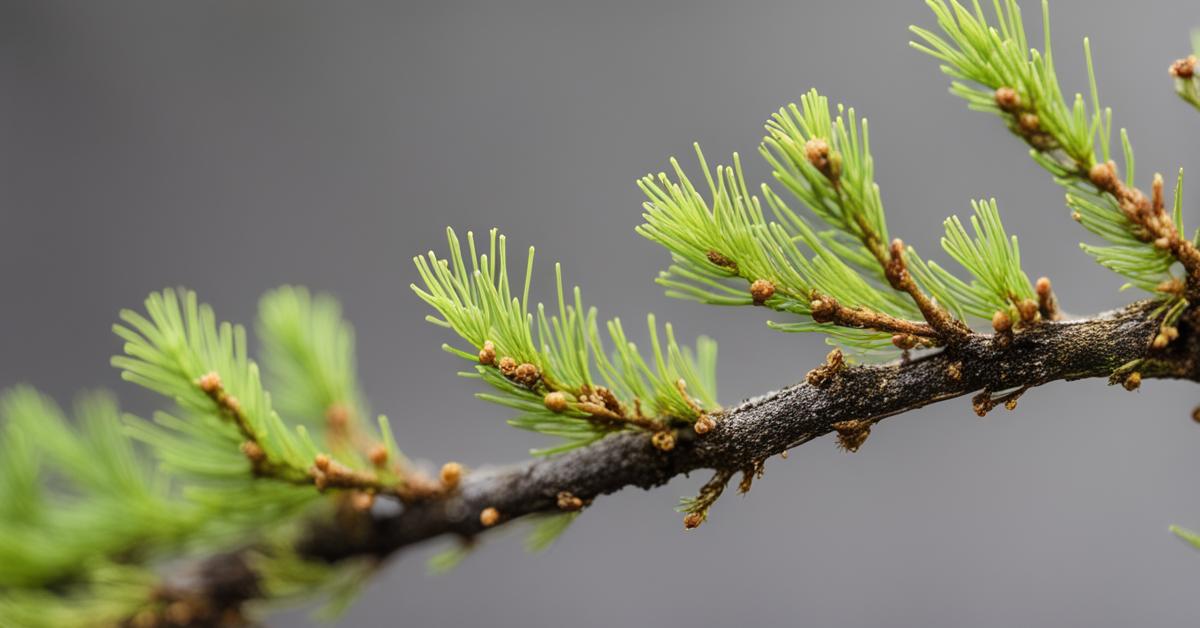 Zbliżenie na gałązkę modrzewia bonsai z widocznymi mszycami i żółknącymi igłami.