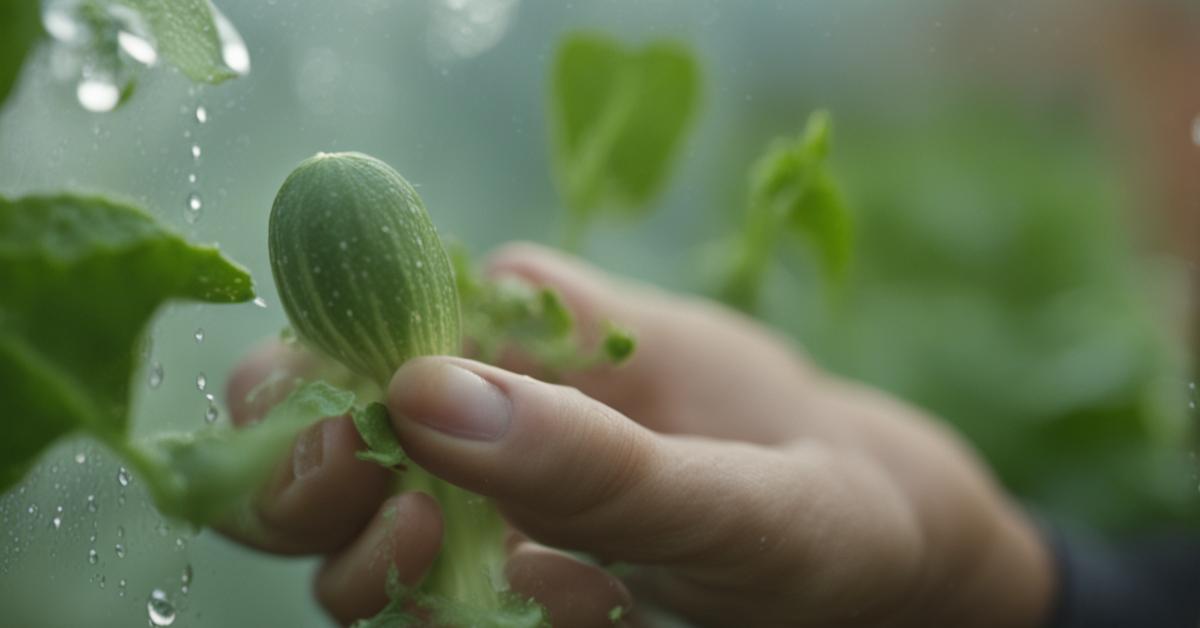 Delikatne podlewanie młodej rośliny ogórka w tunelu foliowym.