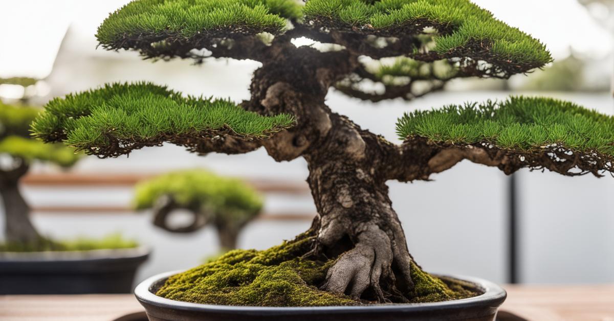 Drzewko bonsai w płytkiej doniczce, po przycięciu, prezentujące zadbany i zdrowy wygląd.