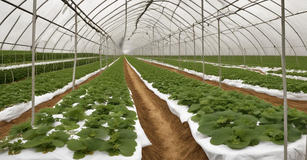 Widok na zadbaną plantację truskawek w tunelu foliowym.