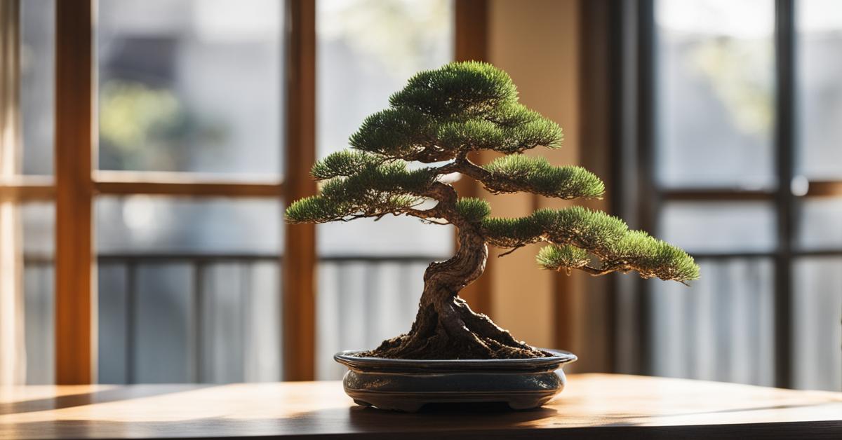 Zdjęcie przedstawiające sosnę bonsai w doniczce, umieszczoną w pomieszczeniu blisko okna, gdzie dociera światło słoneczne.