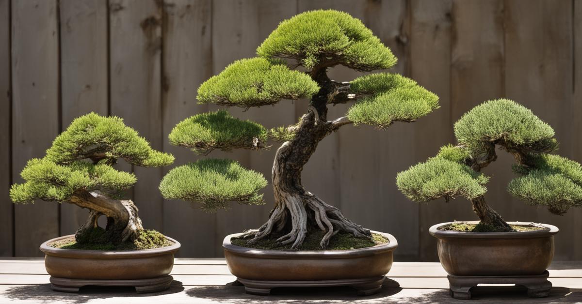 Szeroki kadr przedstawiający kilka drzewek bonsai jałowca o różnych stylizacjach, takich jak kaskadowa, smagana wiatrem i formalna wyprostowana, w spokojnej scenerii ogrodu.