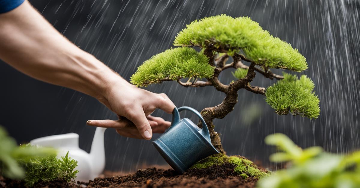 Podlewanie buka bonsai konewką, z bliska widoczna woda wsiąkająca w podłoże.