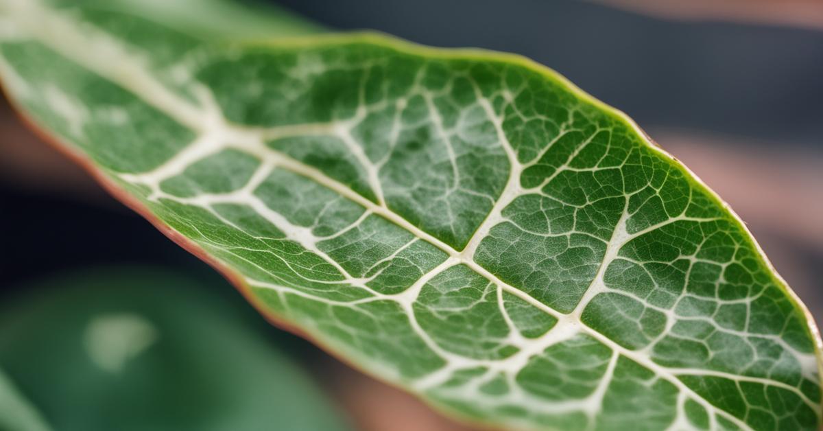 Szczegółowe zdjęcie liścia fikusa benjamina bonsai z widocznymi objawami żerowania przędziorków.