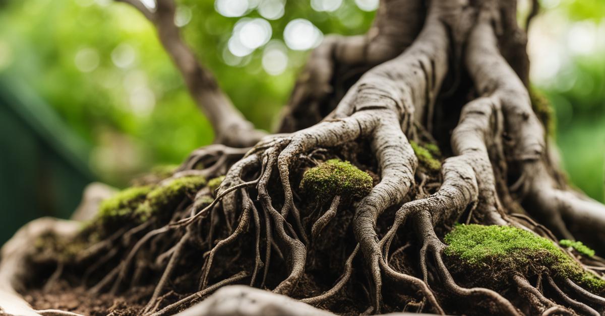 Pień i korzenie bonsai w płytkiej doniczce.