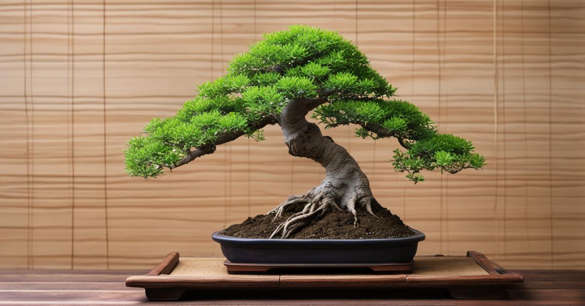 Szerokie ujęcie wiązu drobnolistnego bonsai na drewnianej powierzchni z narzędziami bonsai w tle.