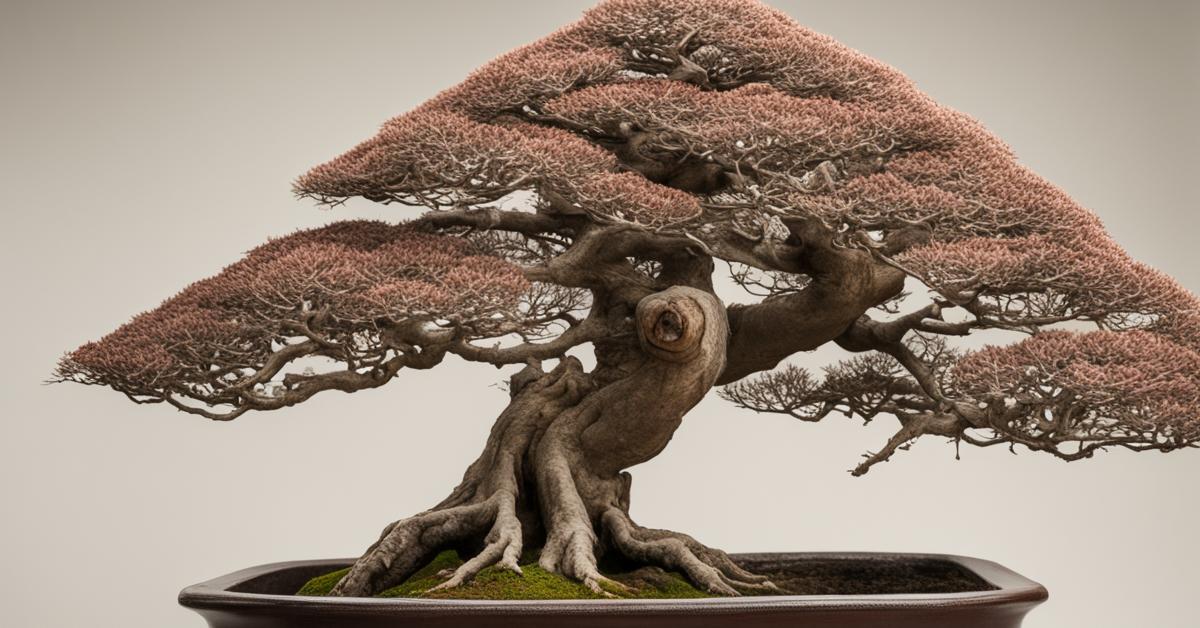 Zdjęcie studyjne yamadori w doniczce bonsai, ukazujące wystylizowane gałęzie i teksturę kory po wstępnym formowaniu.