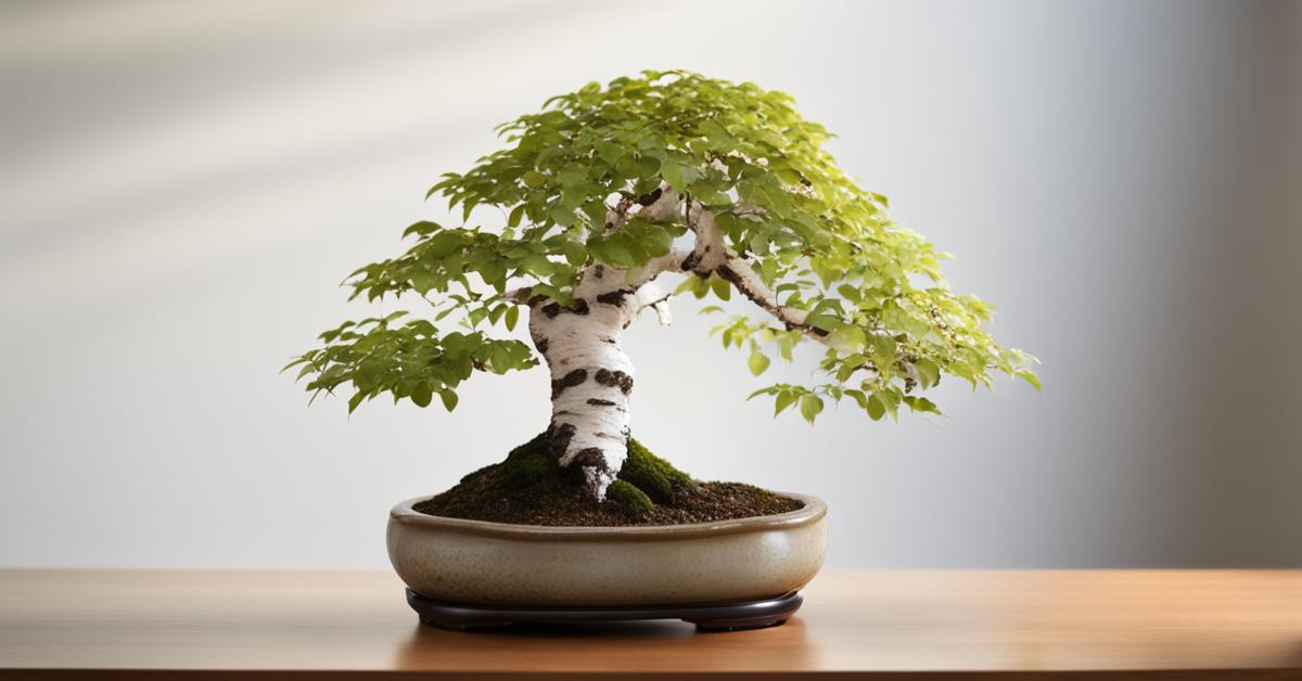 Dojrzała brzoza bonsai o klasycznym kształcie, na tle rozmytego wnętrza, ukazująca piękno miniaturowego drzewka.