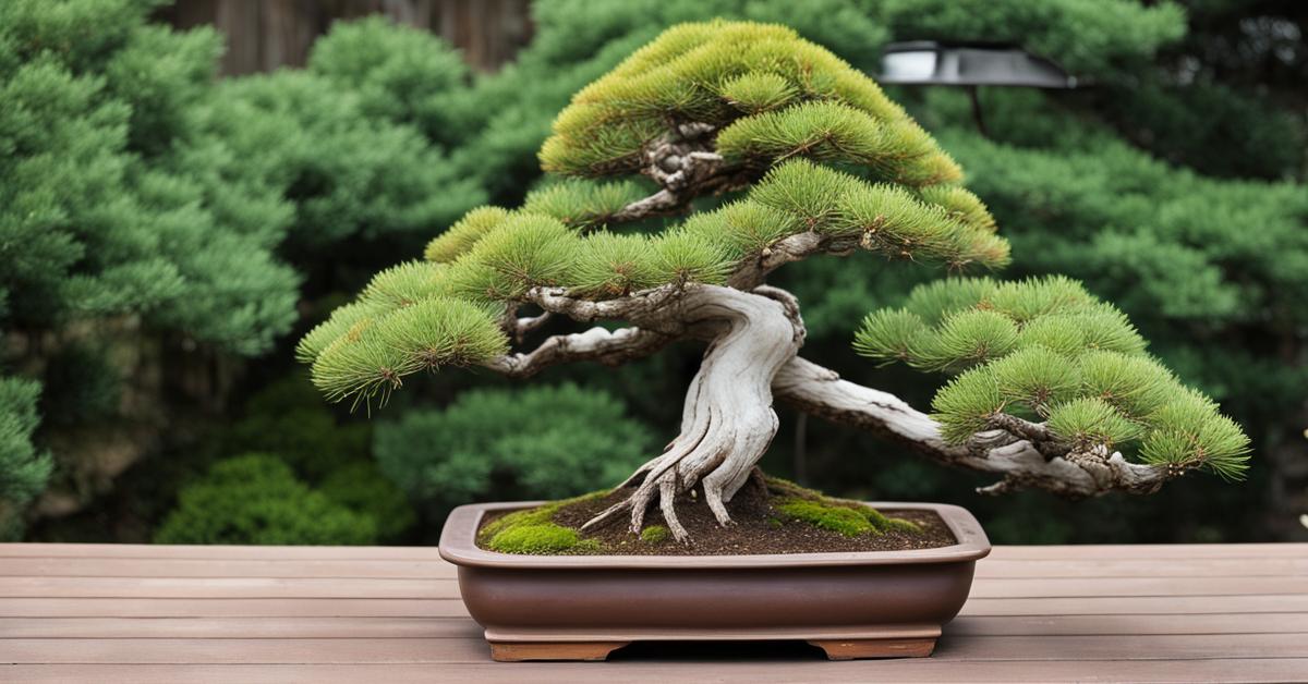 Bonsai sosny drobnokwiatowej (Pinus parviflora) prezentowane na zewnątrz, z widocznym naturalnym otoczeniem.