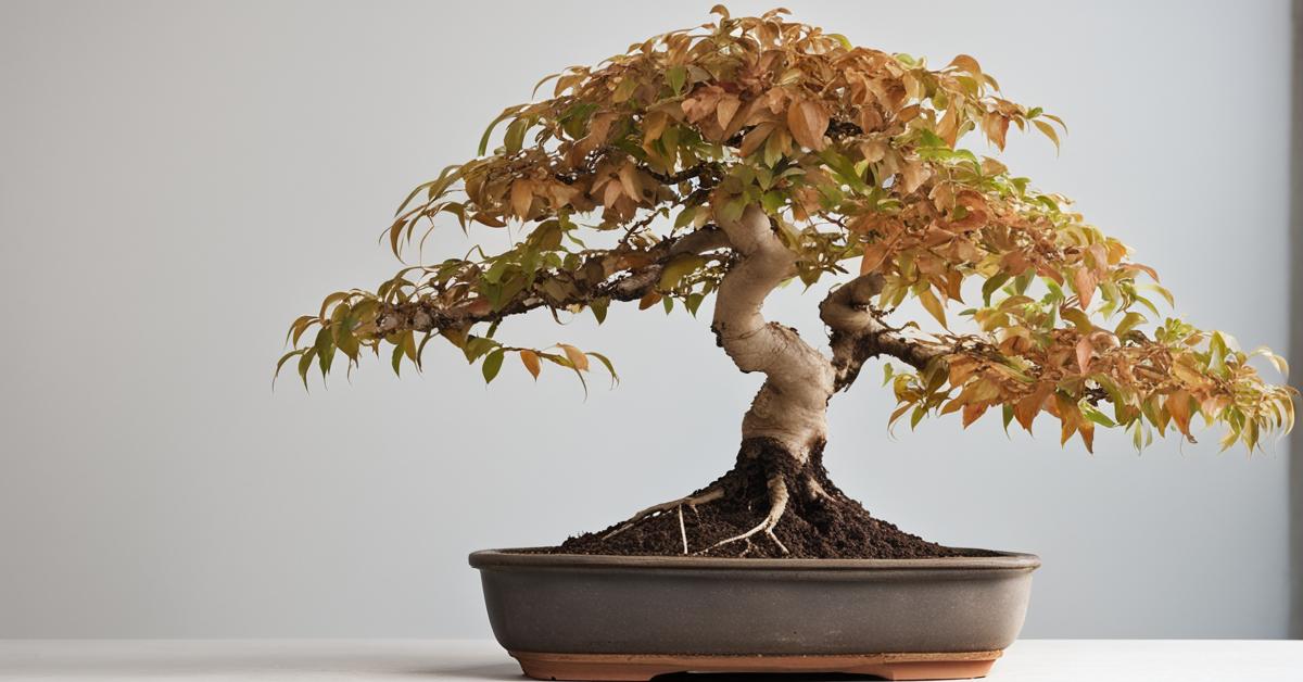 Drzewko bonsai z korzeniami wychodzącymi z doniczki, żółknącymi liśćmi i zbitą glebą, wskazujące na konieczność przesadzenia.